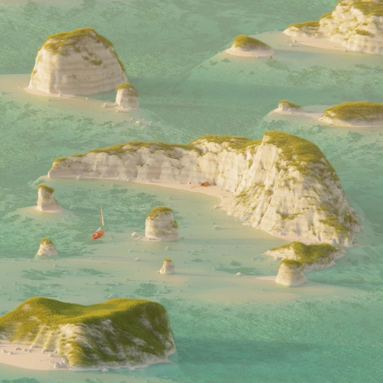 A render of a group of islands with a sailboat and a small visible campsite.