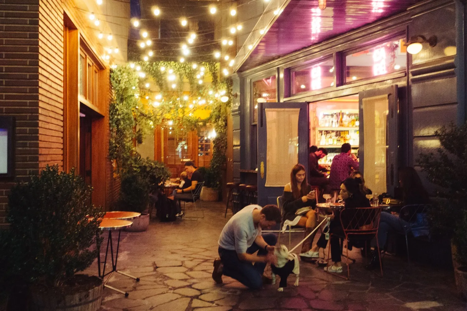 A cozy outdoor café patio at night illuminated by string lights with patrons sitting at tables.