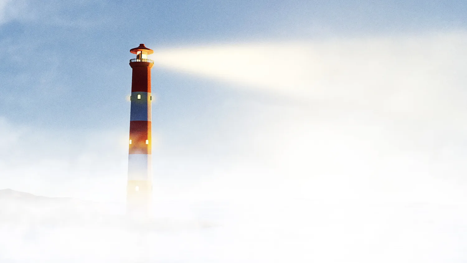 A 3D render of a lighthouse in the mist.