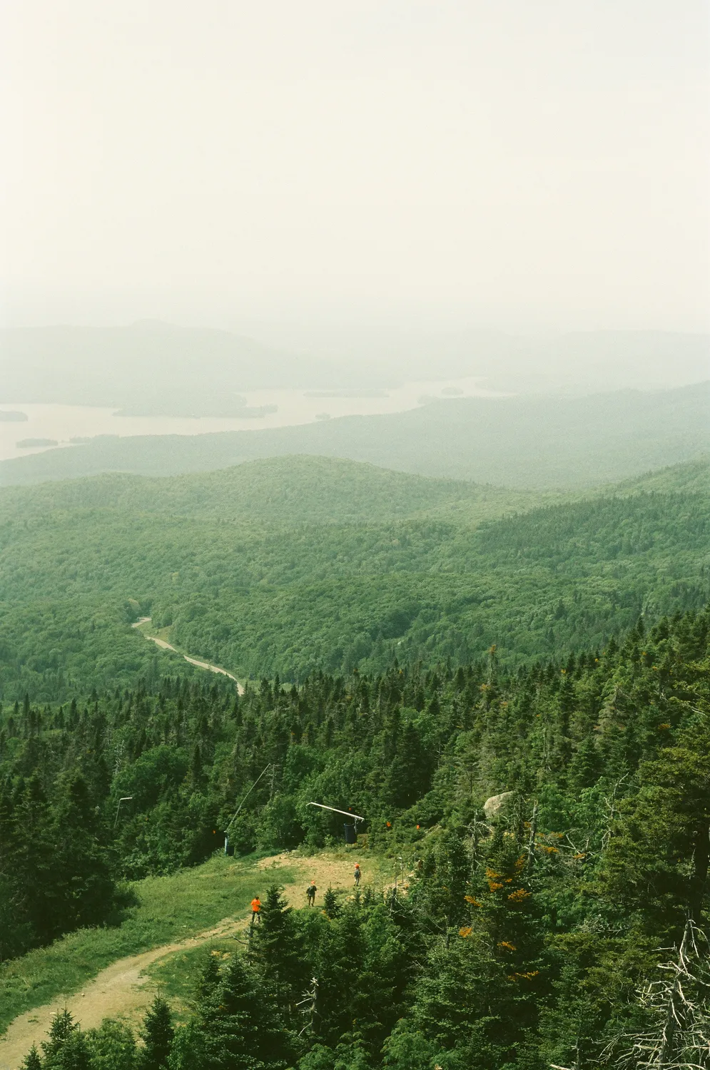 A landscape view of forested mountains stretching towards a distant lake in the haze.